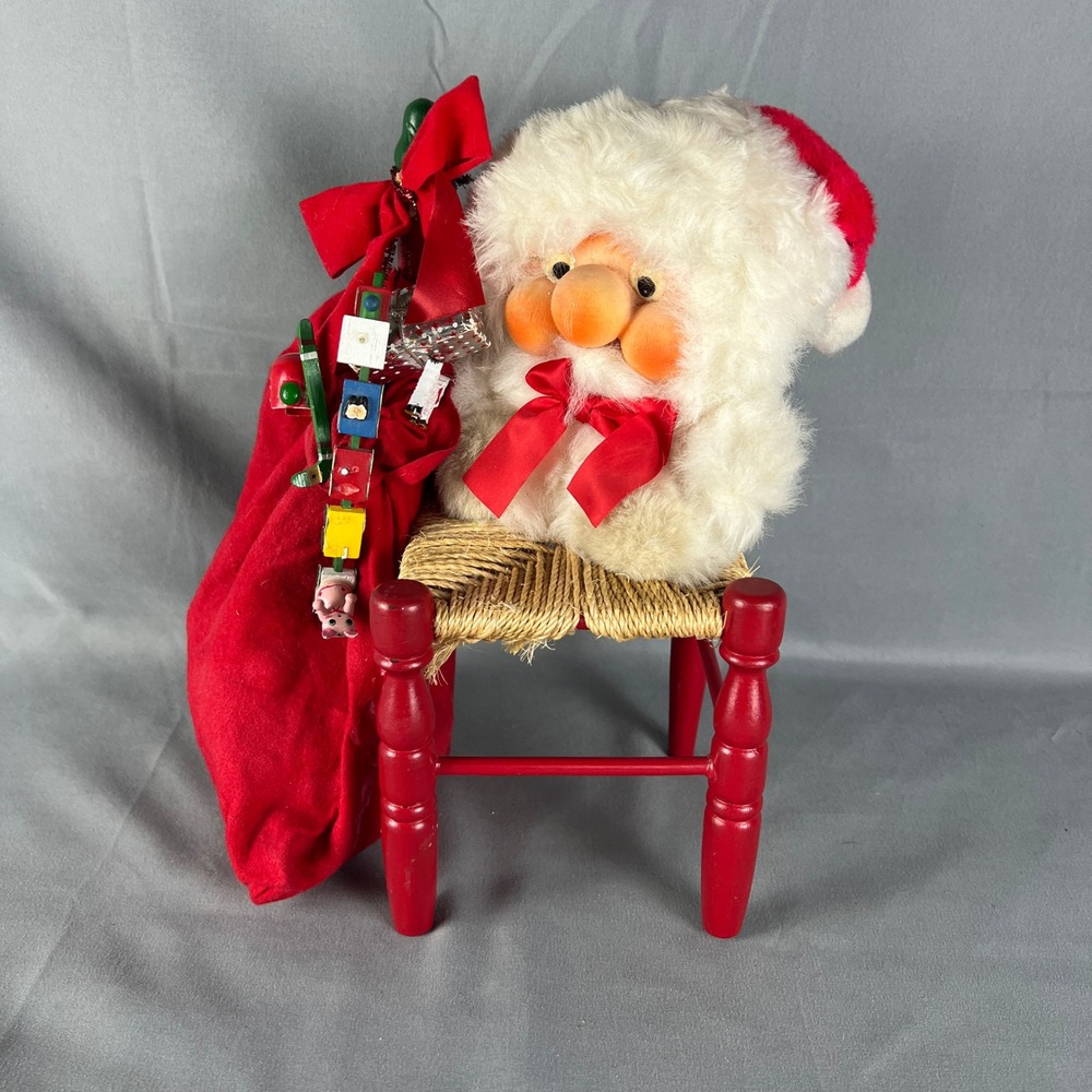 Vintage Christmas Santa Clause Plush Miniature Red Wooden Chair Soft Stuff Toy
